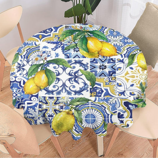 Blue Tiles Lemon Tablecloth, Autumn Fruit Traditional Floral Pattern Table Cover for Party Picnic Dinner Decor, Round(36x36in)
