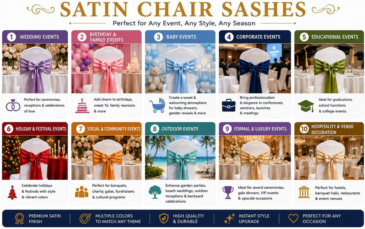 Satin Chair Sashes - Elegant Premium Quality, 6 x 108 Inch - Perfect for Weddings, Parties, and Events - Pack of 10 Pieces, Yellow