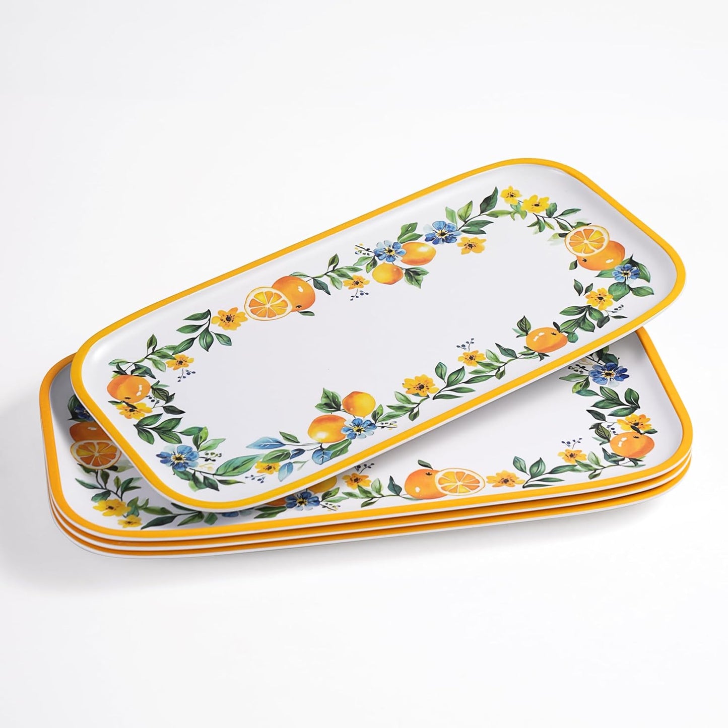 4 Pcs Long Melamine Serving Trays, 14 x 7 Inch Rectangular Lemon Floral Platters, Shatterproof & BPA-Free Summer, for Entertaining, Picnic, Outdoor Party, Ideal for Sushi, Appetizers, Dishwasher Safe