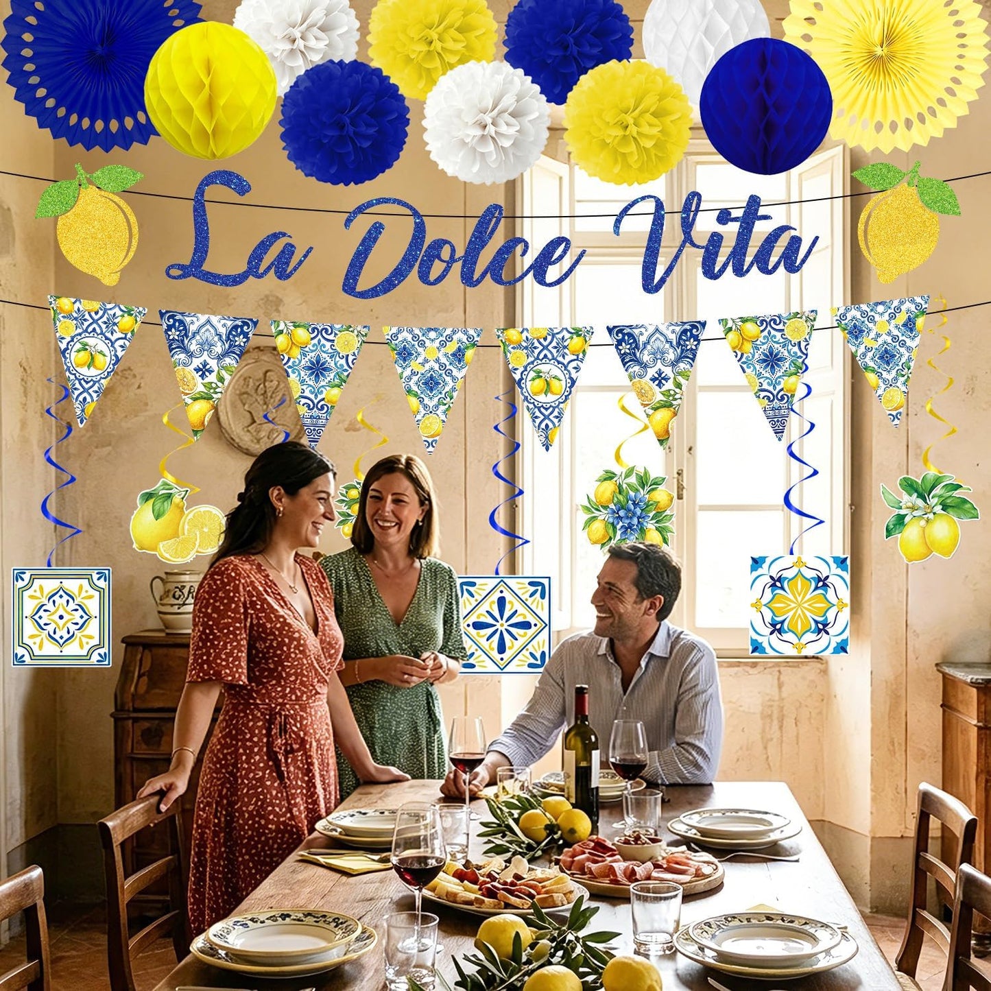 La Dolce Vita Party Decor Italian Lemon Bridal Shower Supplie 21PCS | La Dolce Vita Party 21pcs, Glitter Banners, Paper Fans Honeycomb, Italian Lemon Summer Theme, Bridal Bachelorette Decor