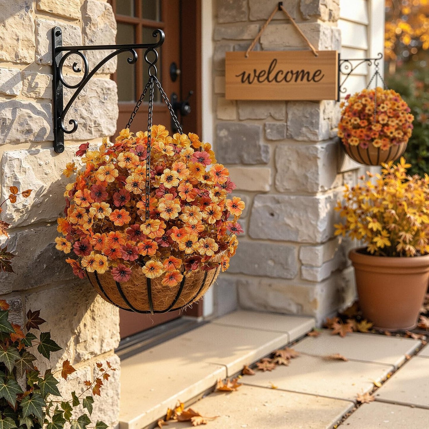 2Pcs 20" UV Resistant Artificial Fall Ball Flowers for Outdoors | Faux Topiary Bushes with Ground Spikes, Mixed Orange, Brown & Yellow Fall Tones,Indoor & Outdoor Placement,Fake Plants Porch