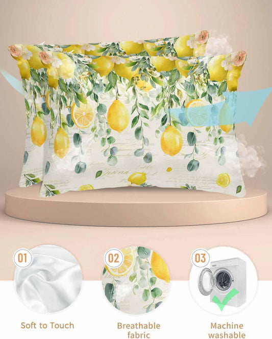 Satin Pillowcases King Size, Watercolor Lemon Silk Pillow Cases for Hair and Skin with Zipper 2 Pack, Eucalyptus Leaf Fruit Yellow Flower Smooth Throw Pillow Covers for Sleeping, 20"x36"