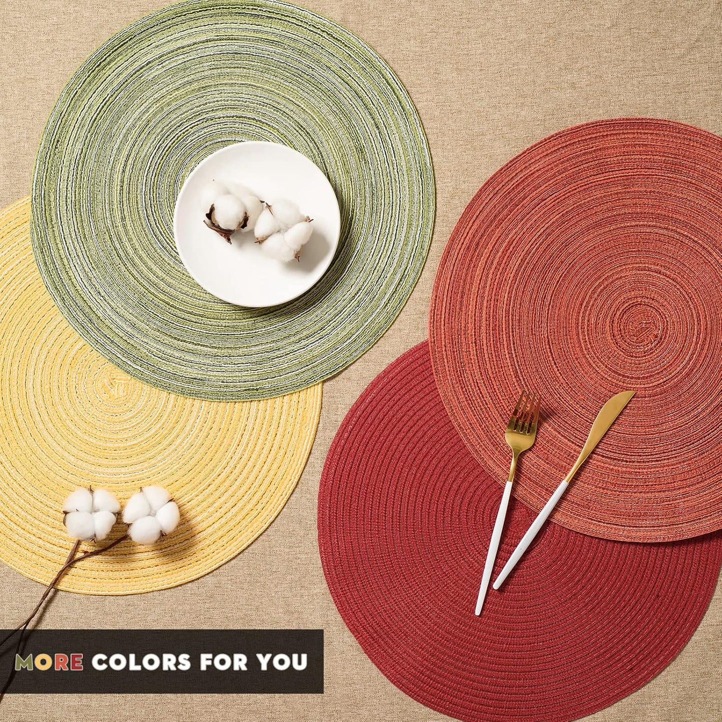 Round Braided Placemats Set of 6 Place mats for Dining Tables Woven Heat Resistant Table Mats 15 inch (Yellow)