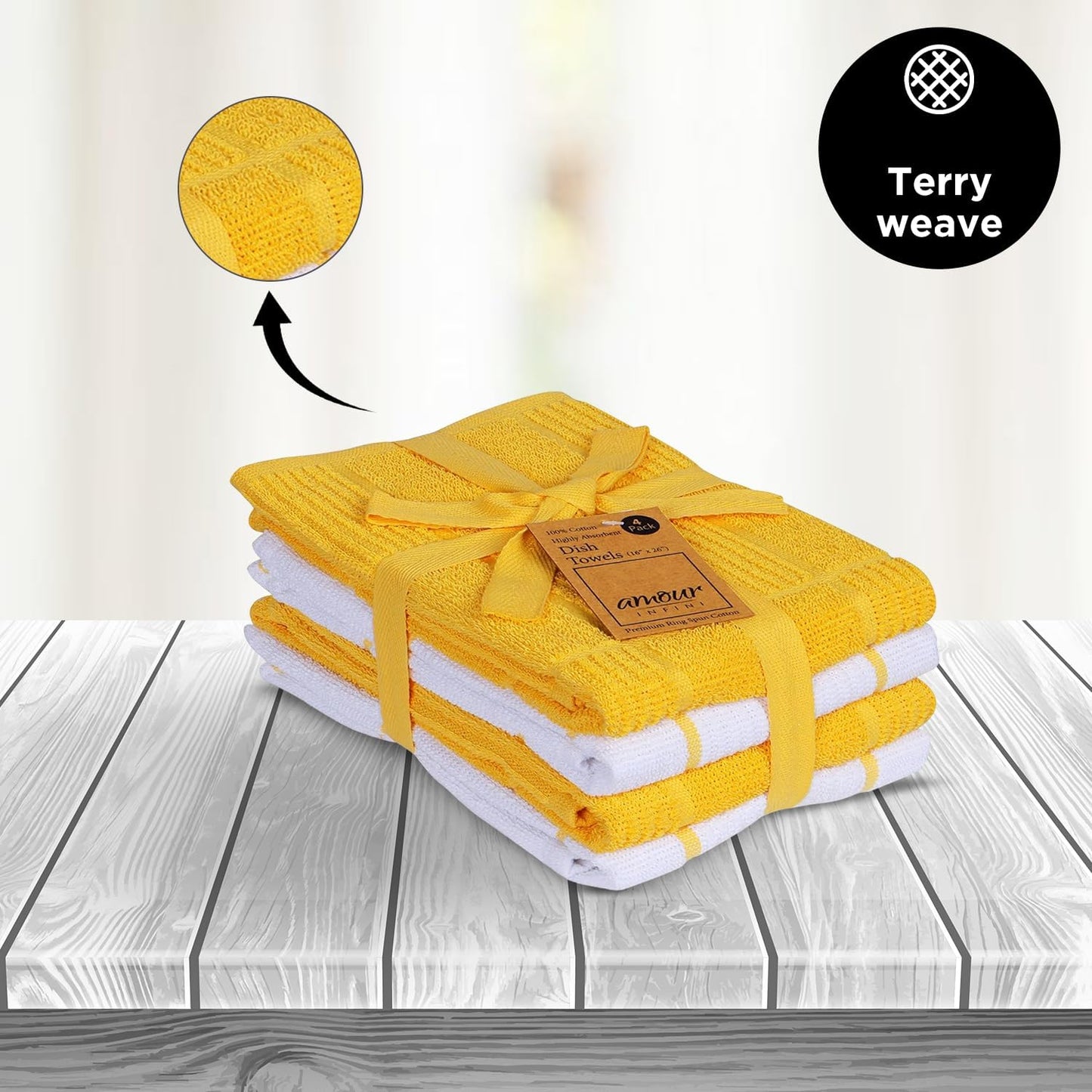 Kitchen Towels Pack of 4, Terry Cotton Dish Towels, Ultra Absorbent, Quick Drying Hand & Tea Towels, Soft Durable Cleaning Cloths with Hanging Loop, 16 x 26 Inch (Yellow)