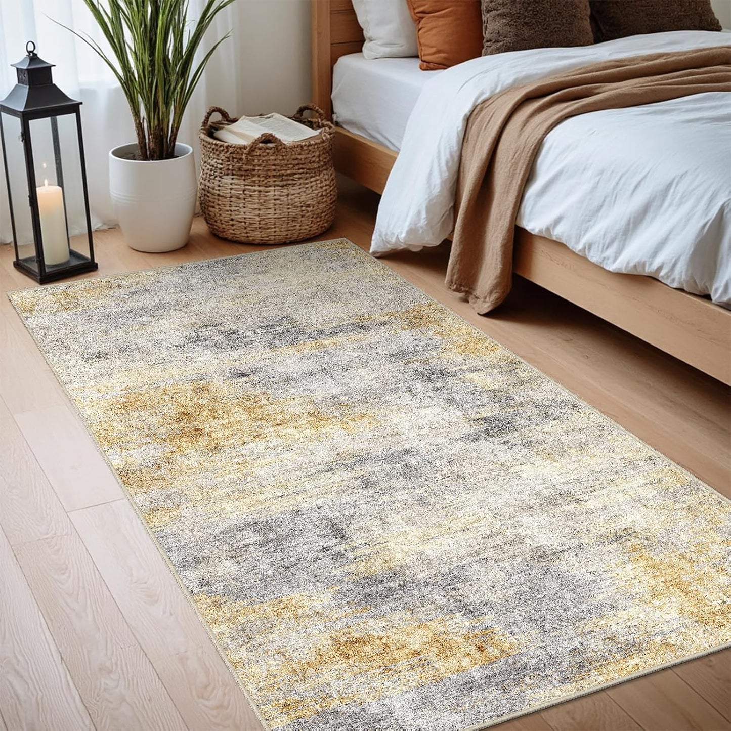 2x4 Washable Entryway Runner Rug: Abstract Small Area Rug Soft Non Slip Door Mat for Hallway Low Pile Thin Stain Resistant Floor Carpet for Kitchen Bedroom Bathroom Bedside Indoor(2x4,Grey/Yellow)