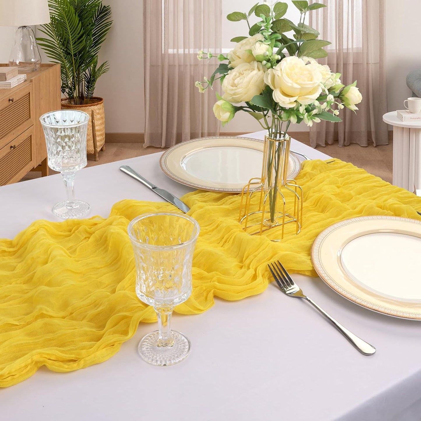 6 Pack 10FT Lemon Yellow Cheesecloth Table Runner 120 Inch Long Gauze Rustic Boho Summer Cheese Cloth Table Runner Sheer Fabric Decorations for Holiday Party Wedding Banquet Bridal Baby Shower Décor