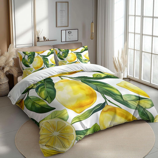 Vintage Style Pattern Bedding Set, Watercolor Painting Lemon Leaf Printed Duvet Cover Set Queen, Comforter Cover 3 Pieces Bed Sets with 2 Pillow Cases, for Teen Boys Girls Bedroom Decor