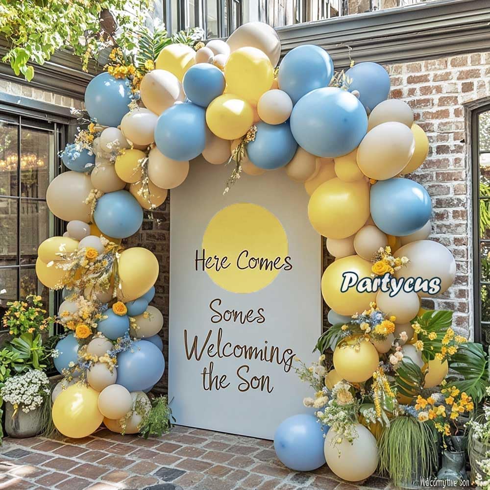 Blue Yellow Balloon Arch Kit Double Stuffed Light Yellow Pastel Blue White Sand Matte Balloon Garland for Baby Shower Bear Birthday Bridal to Bee Party Decoration