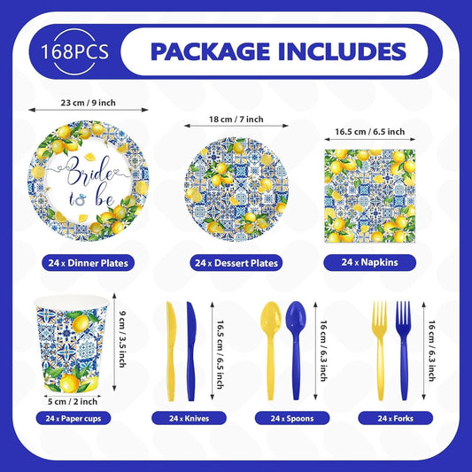 168Pcs Lemon Bridal Shower Party Decor Amalfi Coast Plates Napkins Cups Forks Knives Spoons Disposable Citrus Fruit Tableware for Capri Lemon Bridal Shower Wedding Party Supplies, Serves 24