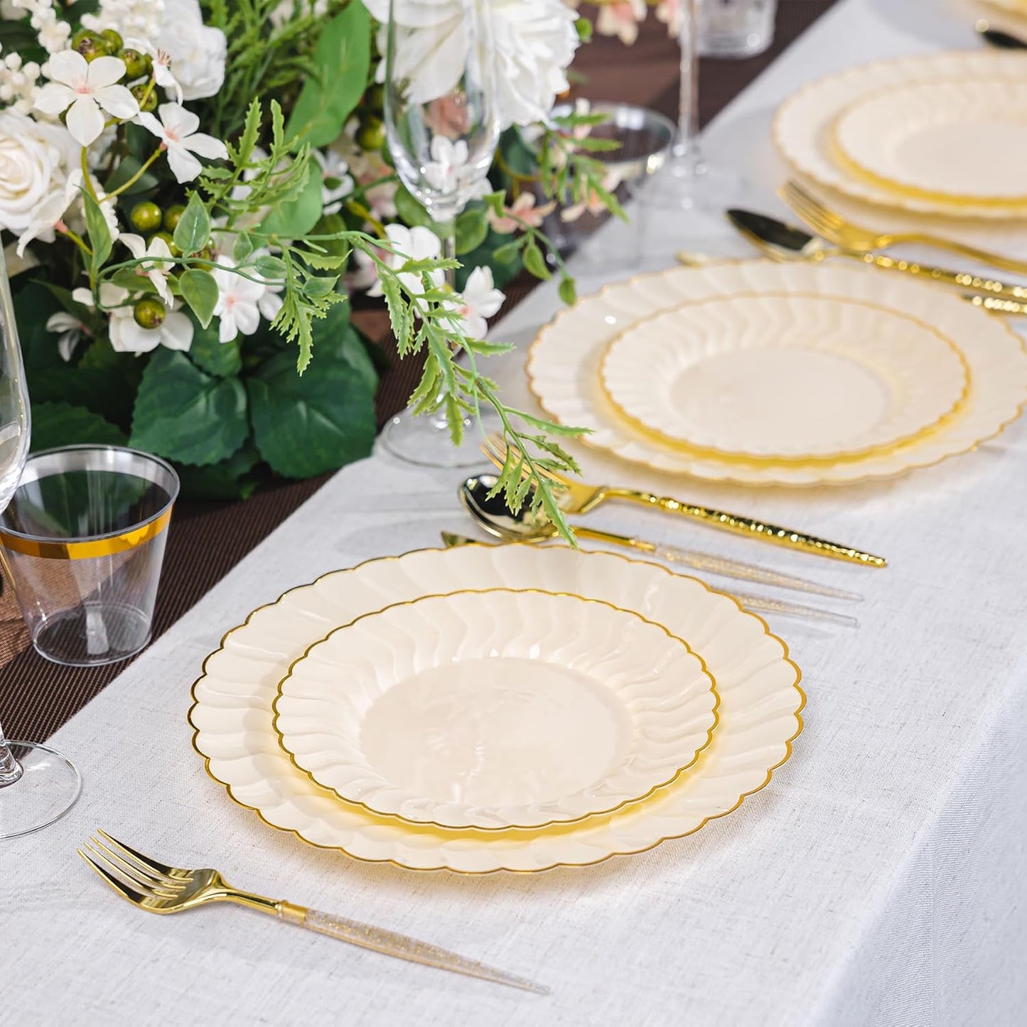 60PCS Light Yellow Scalloped Plastic Plates with Gold Rim for Party | Disposable Elegant Plates Include 30 Dinner Plates 10.25", 30 Dessert Plates 7.5", Perfect for Weddings and Daily Use
