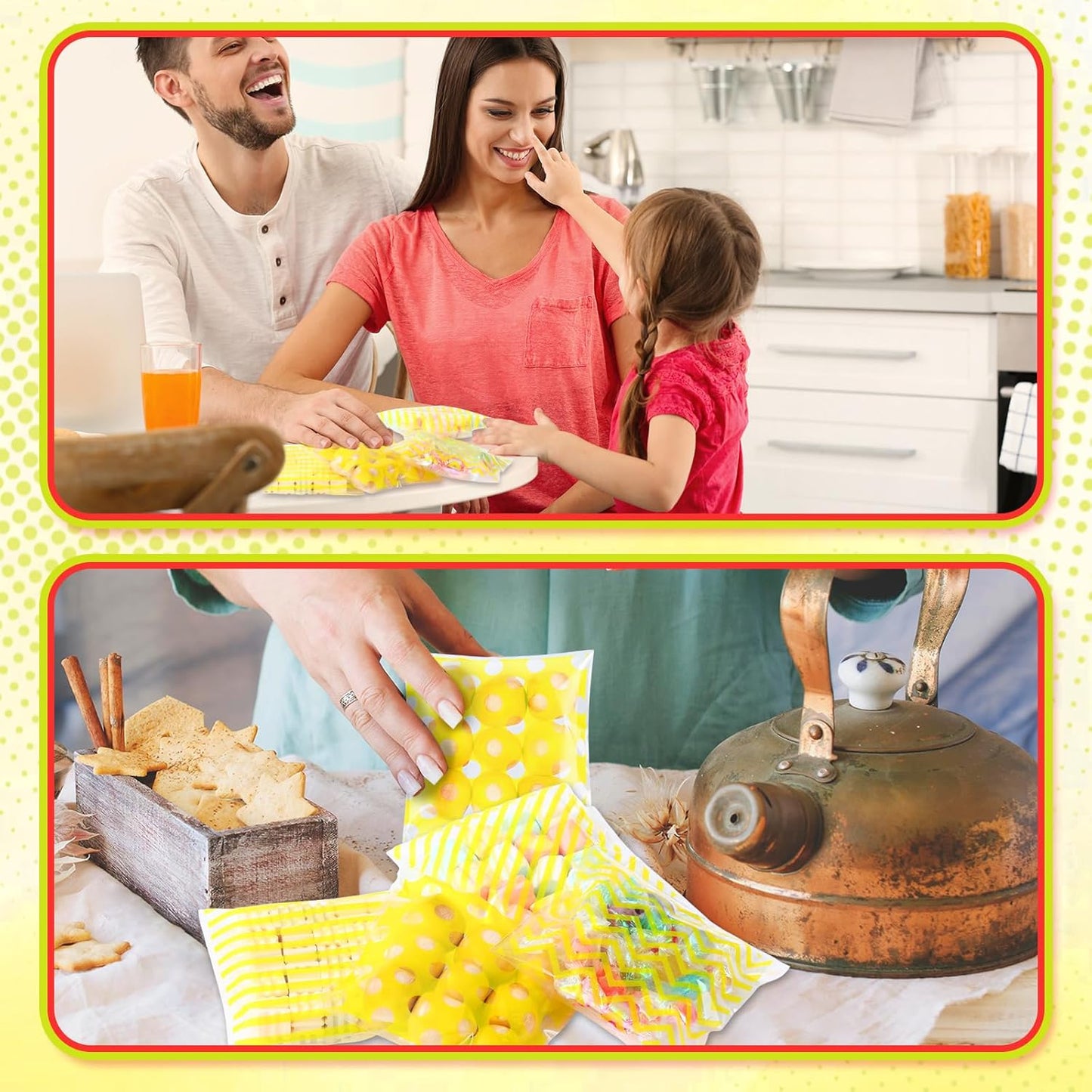 200 Pcs Cookie Bags, 4 x 4 in Self Sealing Cellophane Treat Bags Plastic Goodie Snack Bag Striped Polka Dot Candy Gift Bag for Summer Birthday Wedding Party Favors(Yellow)