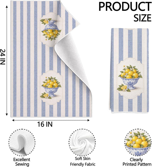 Blue and White Chinoiserie Lemon Striped Kitchen Towels 16x24 in, Vintage French Country Summer Lemon Decorative Hand Towels for Bathroom Kitchen, Cottagecore Fruit Dish Tea Towel