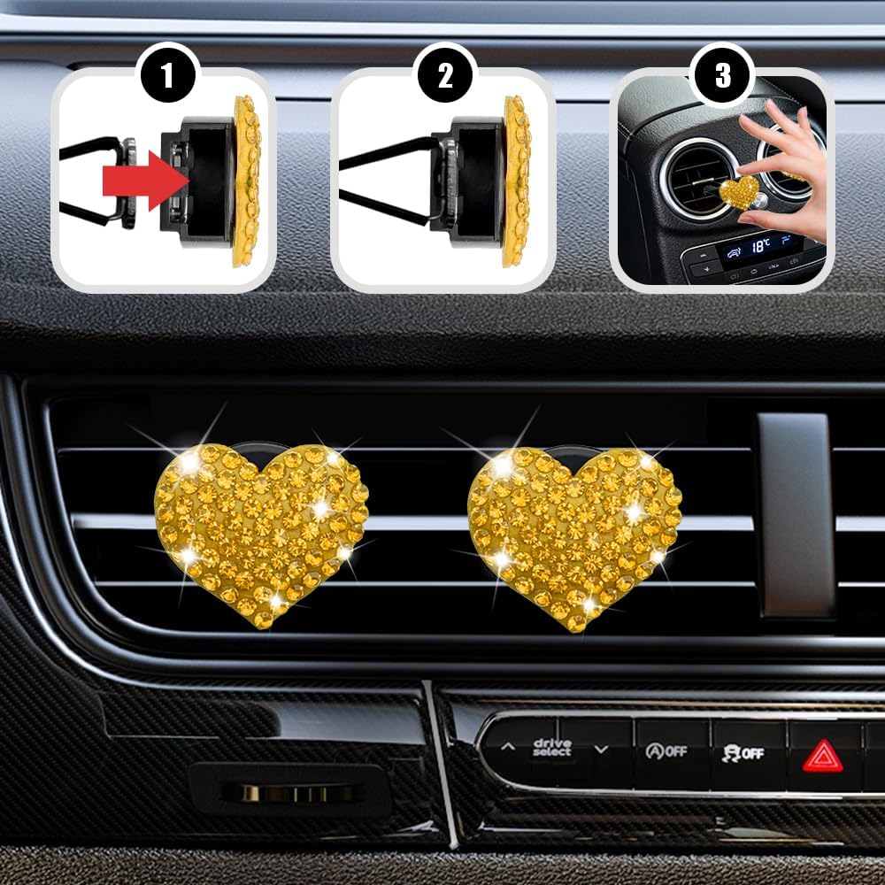 4PCS Heart-Shaped Car Vent Clips, Crystal Rhinestone Car Air Vent Clip, Heart Car Air Conditioning Outlet Perfume Holder, Universal Bling Car Interior Accessories for Women Girls (Yellow)