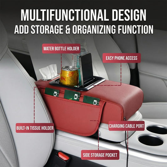 Car Center Console Armrest Pillow, 5-in-1 Memory Foam Armrest Cover with 2 Storage Bag, Tissue Box, Cup Phone Holder, Auto Middle Console Arm Rest Protector Organizer, Universal Fit (Yellow)
