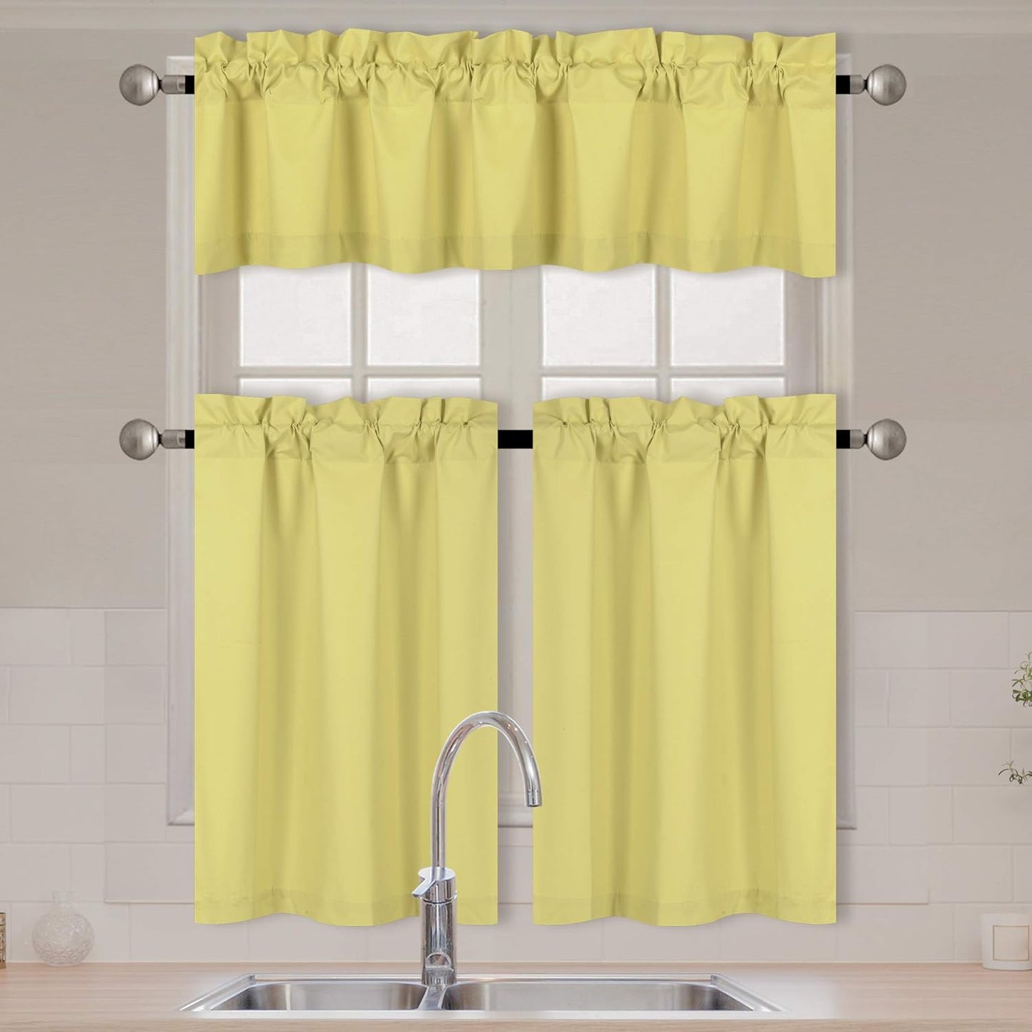 Fancy Collection 3 Piece Faux Silk Blackout Kitchen Curtain Set - Tier Curtains and Valance - Solid Yellow - Thermal Backing