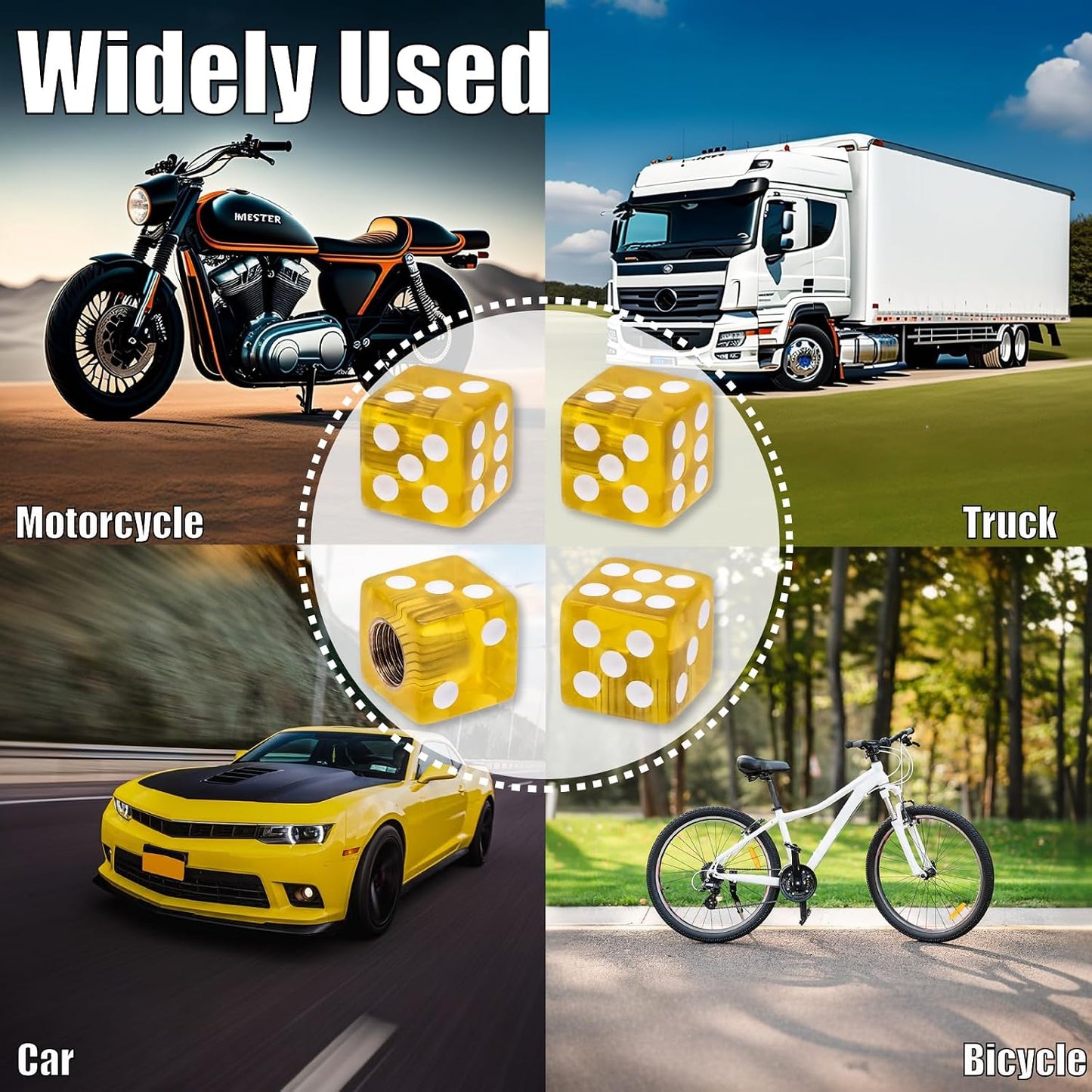 4PCS Dice Shape Tire Valve Stem Caps, Universal Copper Core Dustproof Tire Valve Stem Covers for Cars, SUV, Trucks, Bikes, Motorcycles, Bicycles(Yellow)