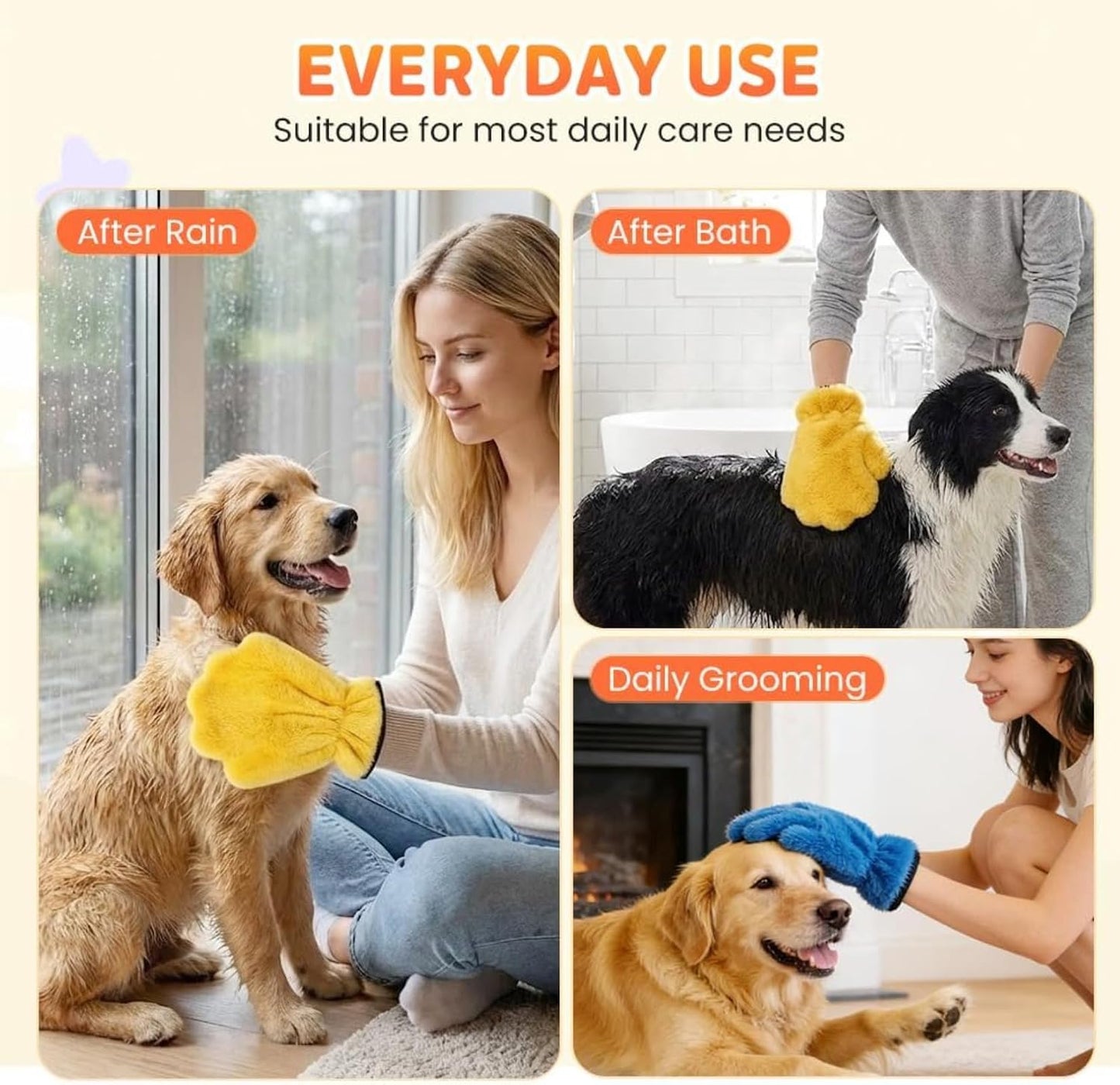 Pet Grooming Gloves – Dog & Cat Bath Gloves with Quick-Dry Absorbent Microfiber, Gentle Bathing & Drying Gloves for Washing, Massaging & Shedding, 10.2x7.9x0.79in (Yellow,1)