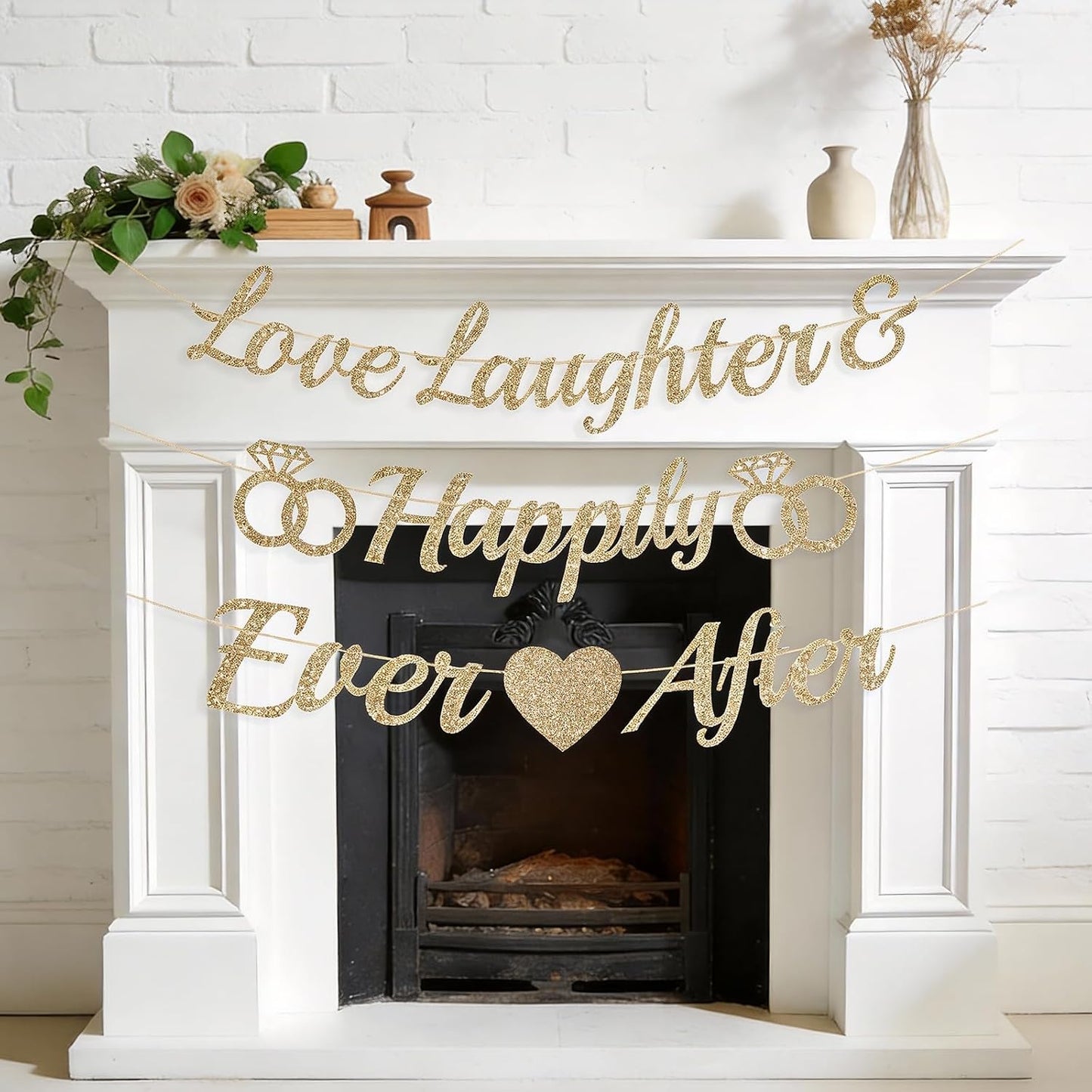 Pre-Strung Love Laughter & Happily Ever After Banner Bridal Shower | NO DIY Bachelorette Sign Gold Glitter Wedding Banner for Bachelorette Wedding Bridal Shower Engagement Decorations