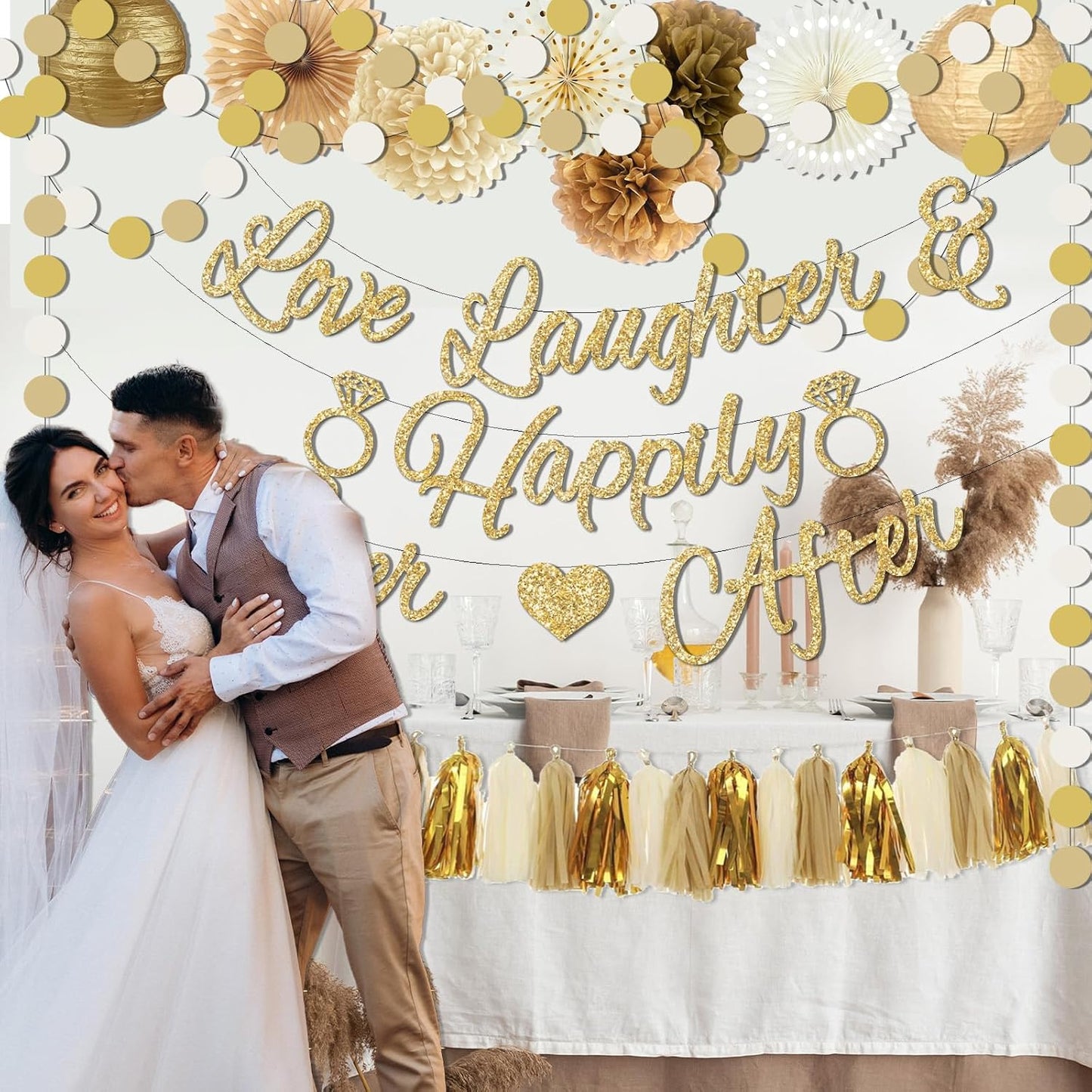 Bridal Shower Decorations,Gold Glitter Bridal Shower Decorations includes Love Laughter Happily Ever After Decorations Paper Flower Ball Wedding Decorations for Home Party Bachelorette Party Supplies