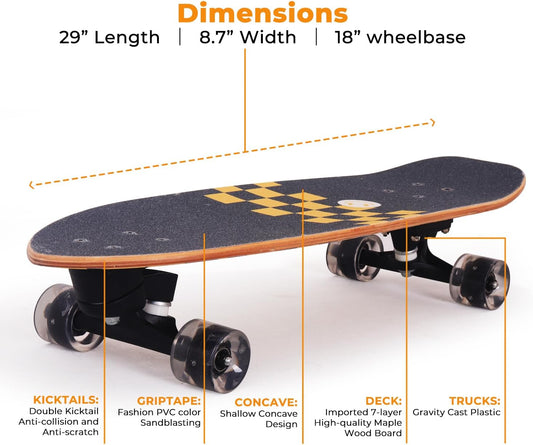 Complete Kid Skateboards 29" x 9" Youth Cruiser Skateboard for Beginners Double Kick Deck Concave Girls or Boys Skateboard