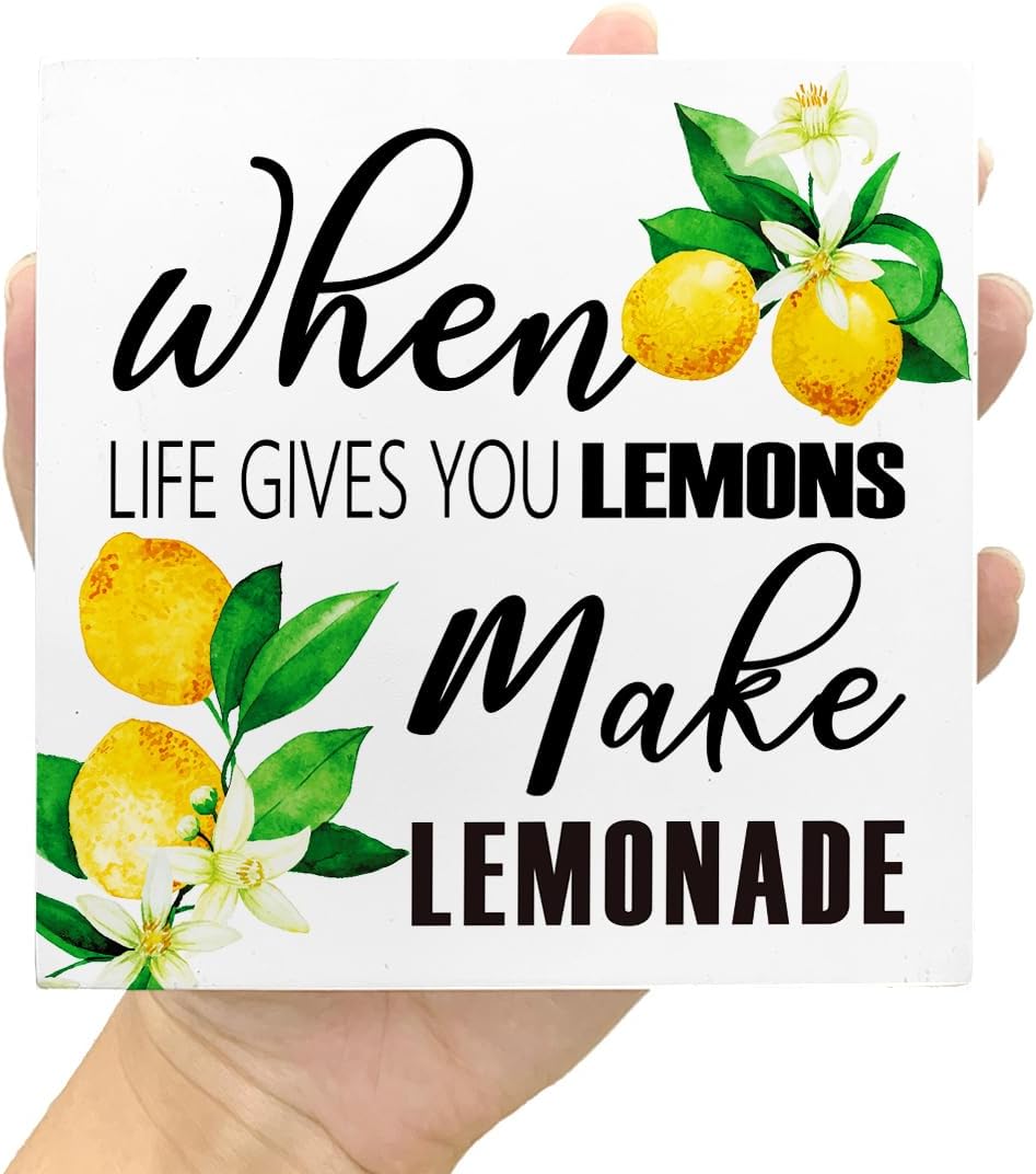 Lemons Kitchen Decor Sign For Countertops, When Life Gives You Lemons Make Lemonade Sign, Small Lemon Theme Yellow Kitchen Decor Accessories For Desk Shelf, Lemonade Bar Signs V517
