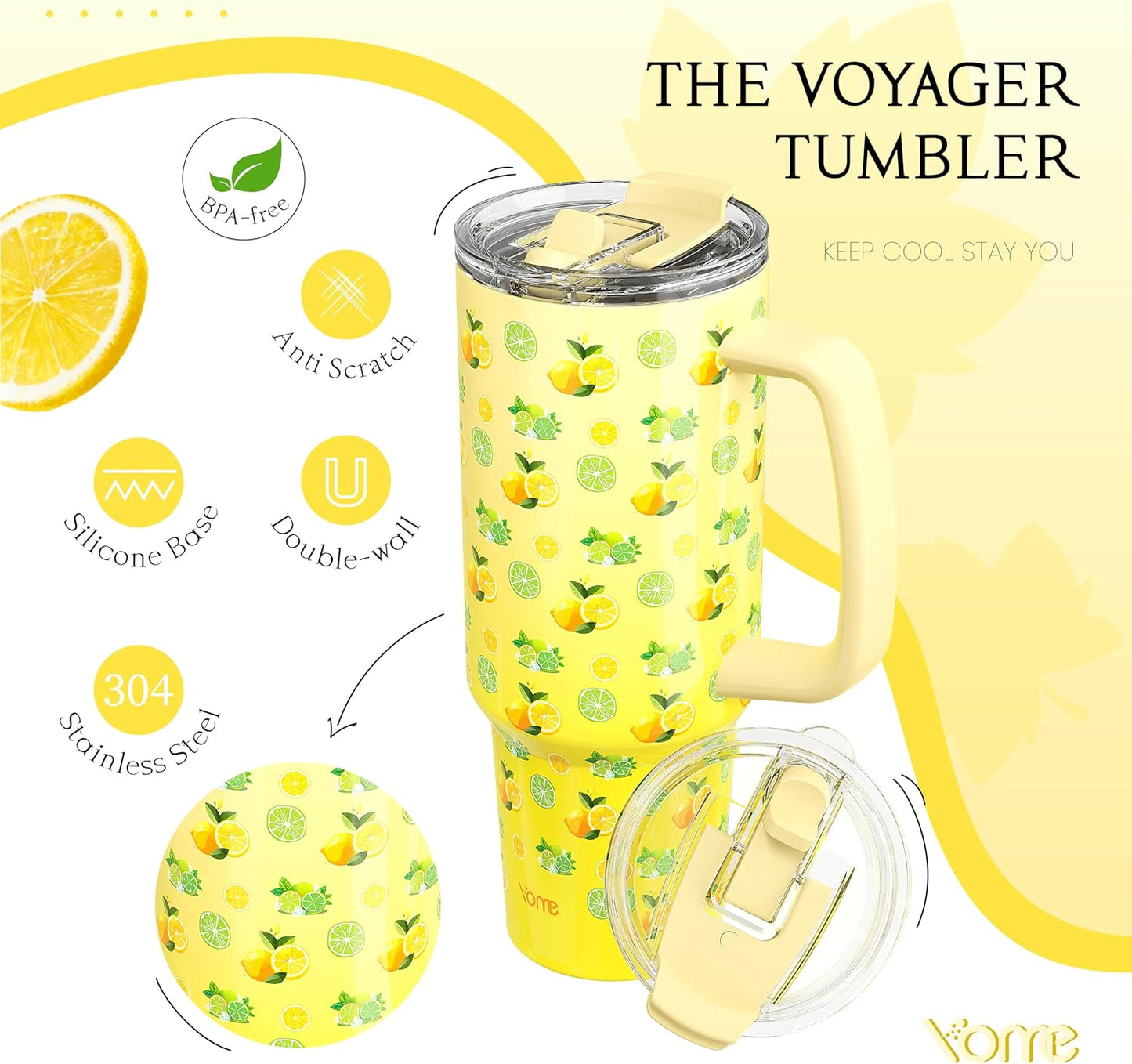 YOME 40 oz Lemon Yellow Tumbler with Handle and Flip Straw for Women | Stainless Steel Insulated Water Bottle | Keeps Drinks Cold | Dishwasher Safe | Cupholder Friendly | Gift Gym Travel Yoga