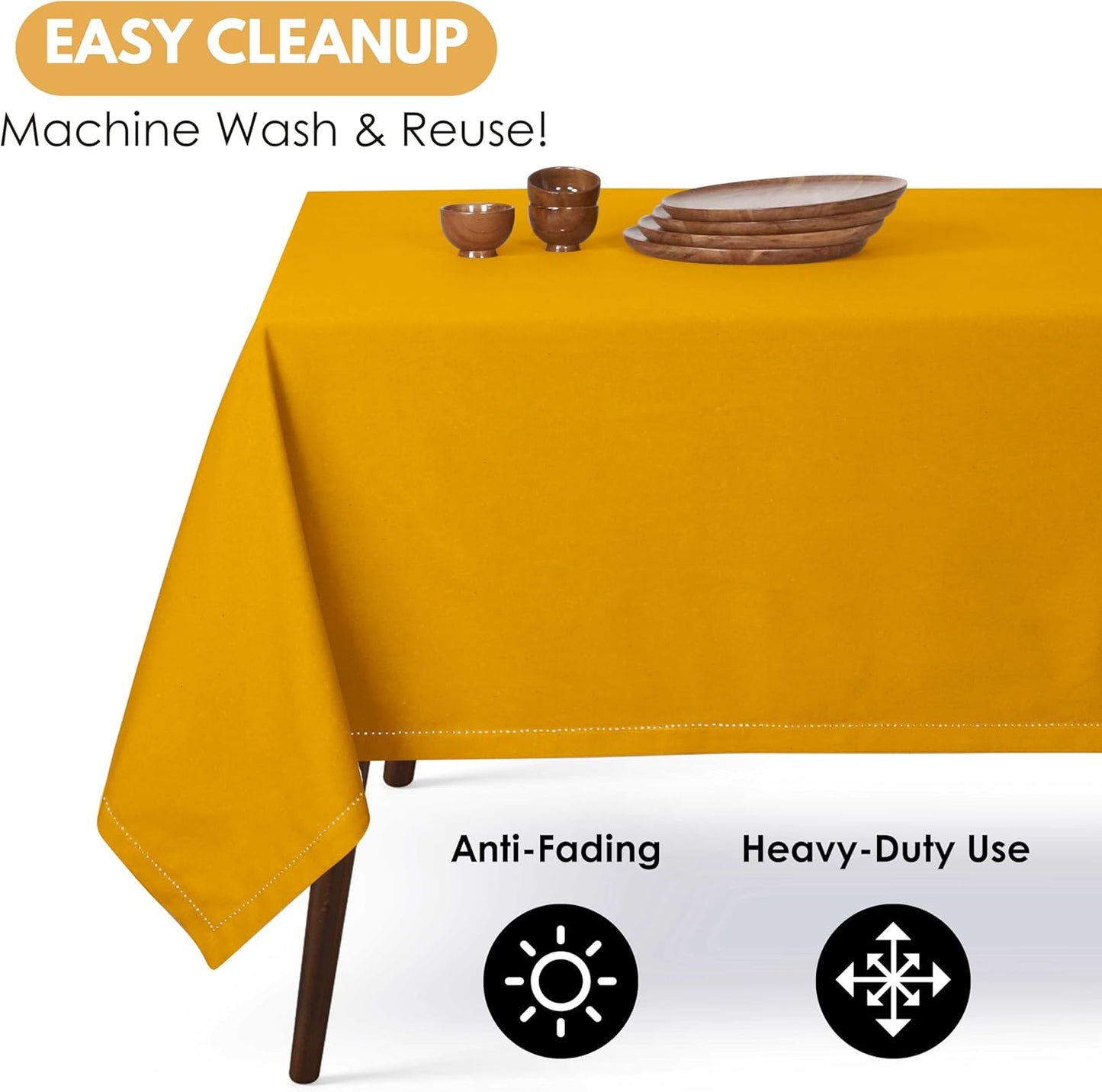Farmhouse 52"x70" Tablecloth 100% Cotton Washable Rustic Rectangle Table Cover for Gifts, Dining, BBQ, Buffet Parties & Camping - Mustard Yellow