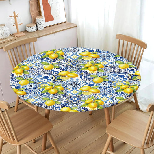 Lemon Round Fitted Tablecloth with Elastic Edge,Waterproof Wipeable Summer Yellow Blue Mediterranean Tile Flower Italian Table Cover for 40-44" Stretch Table Cloth for Dinner Indoor Outdoor Party