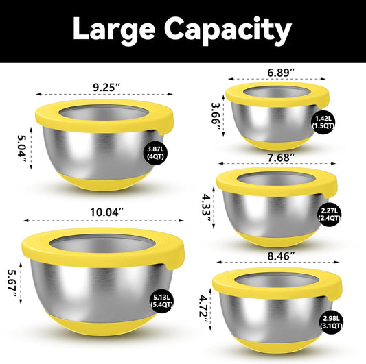 Stainless Steel Mixing Bowls with Lids β Set of 5 Large Nesting Metal Bowls for Kitchen, Baking, Cooking, Food Prep & Storage, Non-Slip Base, Dishwasher Safe,Yellow
