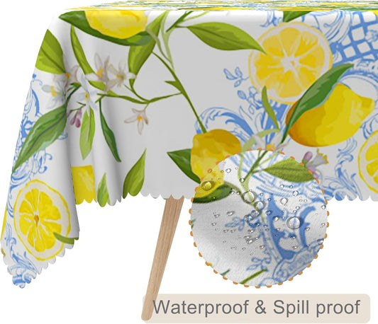 70x70inches Lemon Square Tablecloth Italian Lemon and Blue Floral Pattern Table Cloth Spill Proof and Oil Proof Fabric Table Cover for Kitchen Dining Room Picnic Indoor Outdoor Party Decor