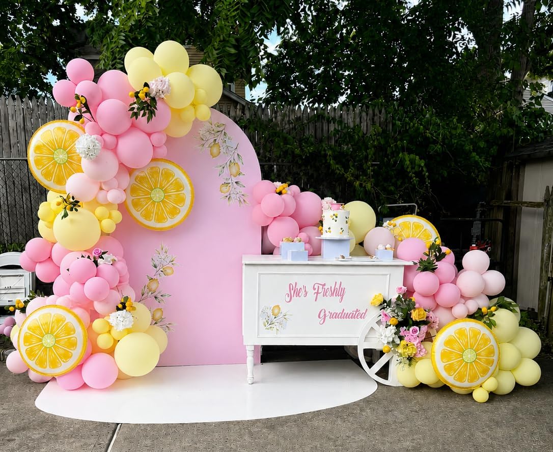 Lemon Balloon Garland Arch Kit 142Pcs, Pink and Yellow Balloons Arch Kit, Pastel Yellow Light Pink Balloons for Lemon Baby Shower Main Squeeze Bridal Shower Lemonade Birthday Party Decor