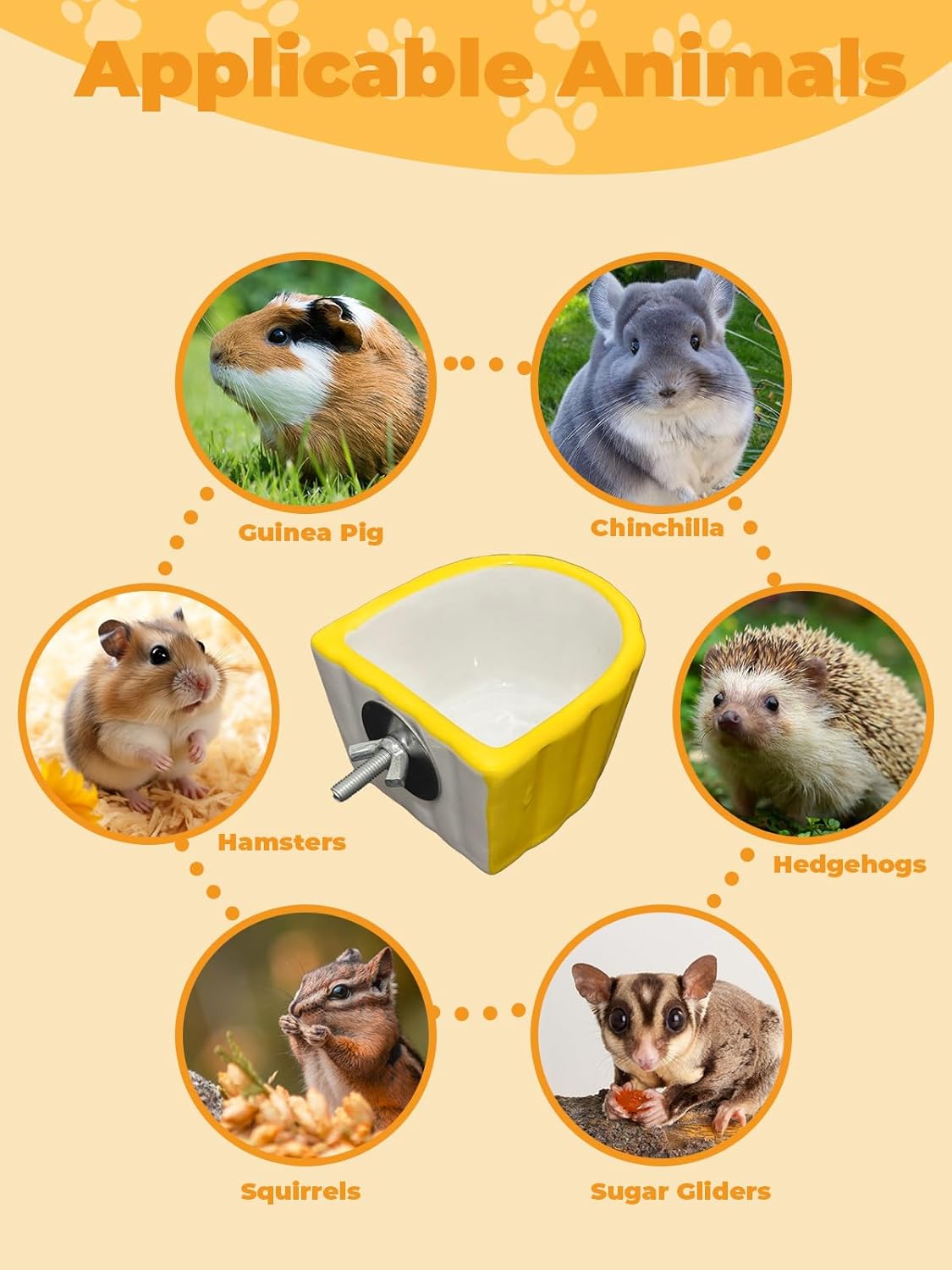 Chinchilla Food Bowl Ceramic Guinea Pig Cage Feeder Hanging Bunny Food Dish Small Animal Feeding Bowls for Syrian Hamster Ferret Gerbils (Yellow)