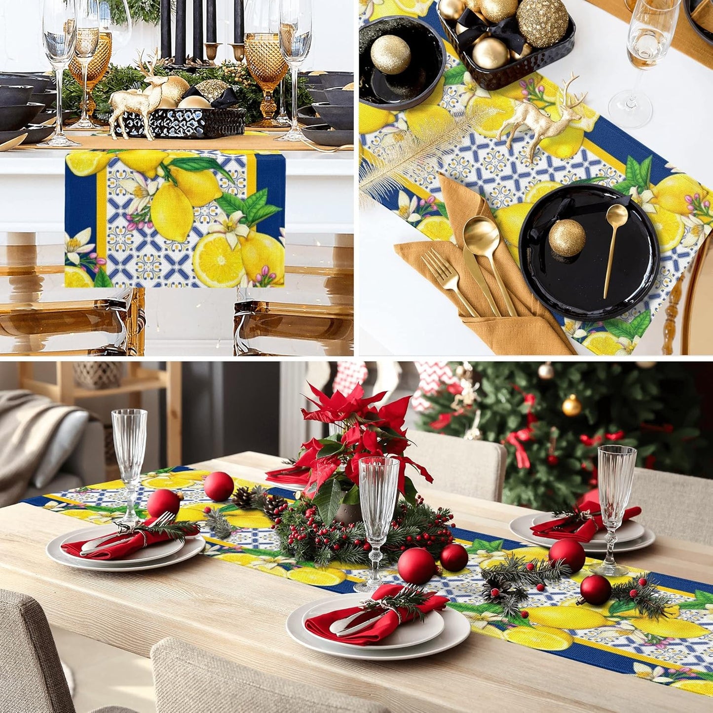 Lemon Table Runner Spring Summer Seasonal Yellow Blue Table Runners Farmhouse Kitchen Dining Table Decoration for Indoor Outdoor Home Decor 13x72 Inch
