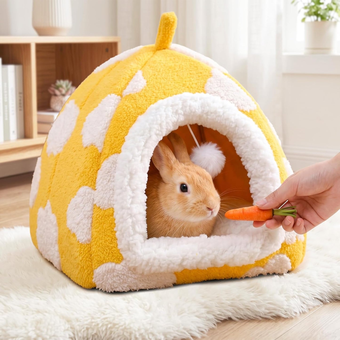 Guinea Pig Hideout Cave Cute Yellow Cloud Warm Fleece Bed for Small Animals Enclosed Bunny Tent Hut with Hanging Toy Washable Pet House for Dwarf Rabbit Chinchilla Ferret (Yellow)