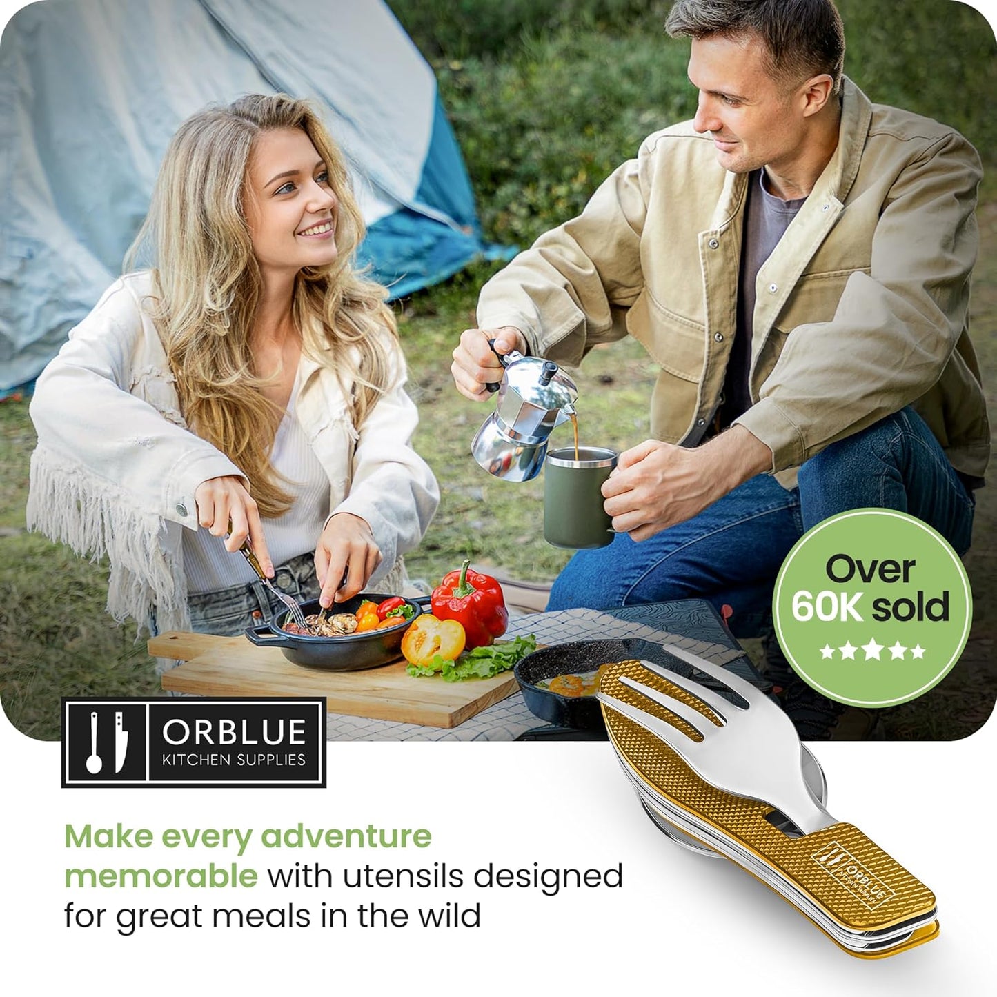 4-in-1 Camping Eating Utensils, 2-Pack - Portable Spoon, Fork, Knife & Bottle Opener Combo Set - Stainless Steel Flatware with Detachable Fork - Travel, Backpacking Cutlery Multitool, Yellow