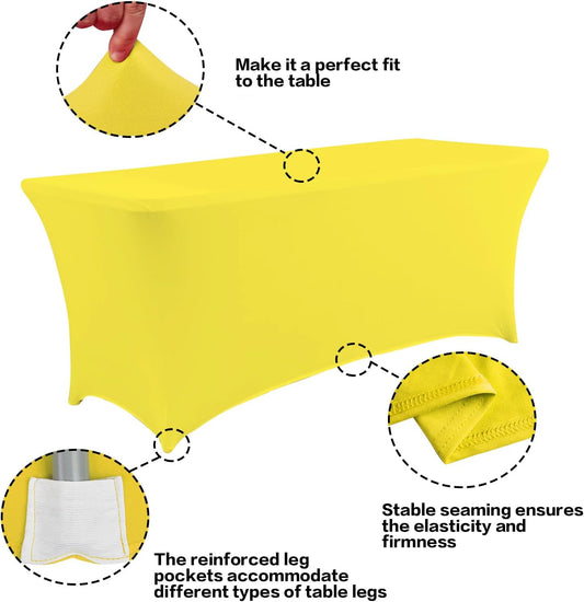 2 Pack 6FT Table Cloth for Rectangular Fitted Events Stretch Yellow Table Covers Washable Spandex Tablecloth Protector for Party, Wedding, Cocktail, Banquet, Festival