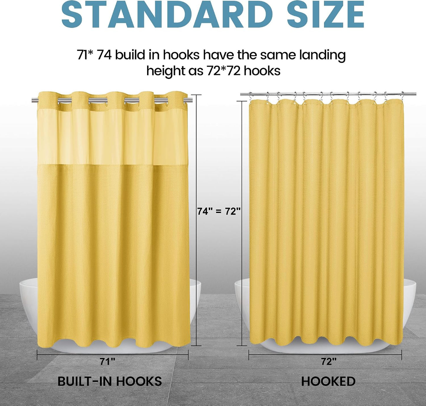 256GSM Heavyweight No Hook Shower Curtain with Snap in Liner,Waffle Weave Shower Curtains for Bathroom,71W x 74H,Yellow