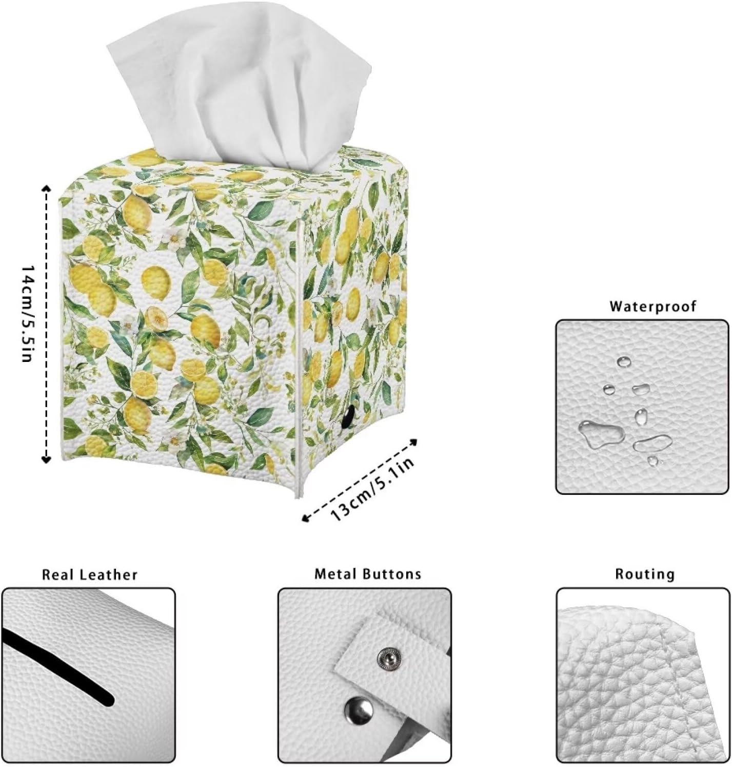 Lemon Floral Print Tissue Box Cover Square Tissue Box Holder with Bottom Belt, Foldable Napkin Facial Tissue Holder Dispenser Home Car Decor Facial Paper Organizer