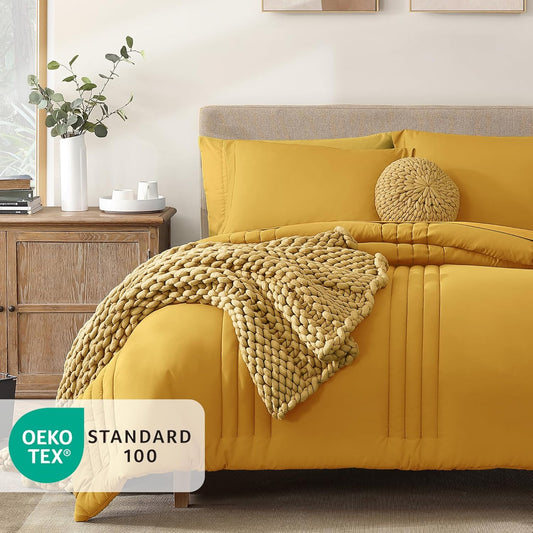 Queen Comforter Set - 7 Pieces Bright Yellow Bed in a Bag Queen Bedding Sets with Comforters, All Seasons Comforter Bed Set with Sheets,Pillowcases & Shams
