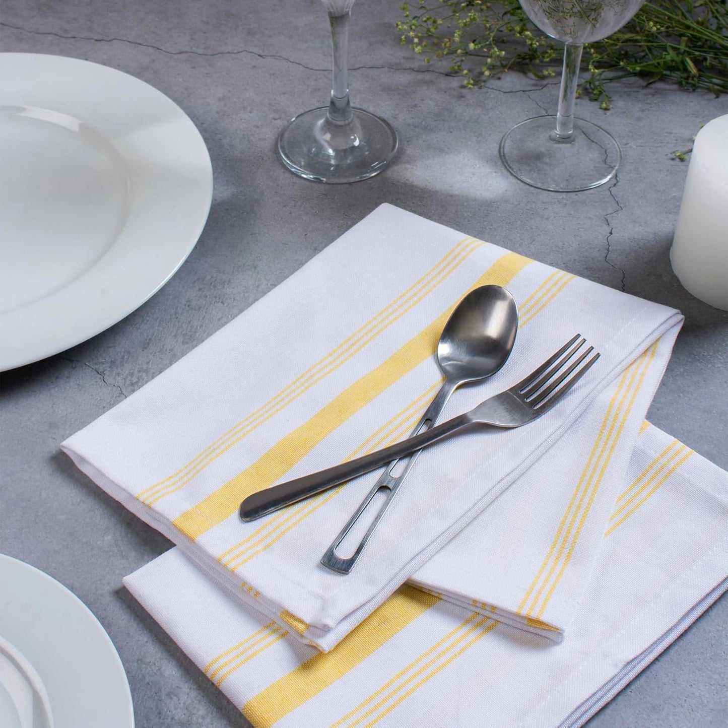 Set of 12 French Stripe Dinner Table Napkins 100% Cotton Napkins, 18x18 Inch, Absorbent, Soft, Reusable & Washable Restaurant Hotel Quality Spring Summer & Everyday Use - Yellow