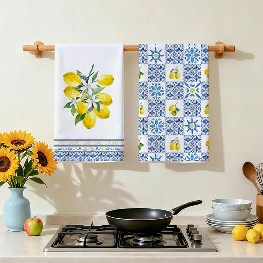 Lemon Kitchen Towels - Watercolor Dish Towels 18x26 Inch Set of 2 - Farmhouse Spring Lemon Party Itallian Mediterranean Decorations Holiday Hand Towel for Bathroom, Office
