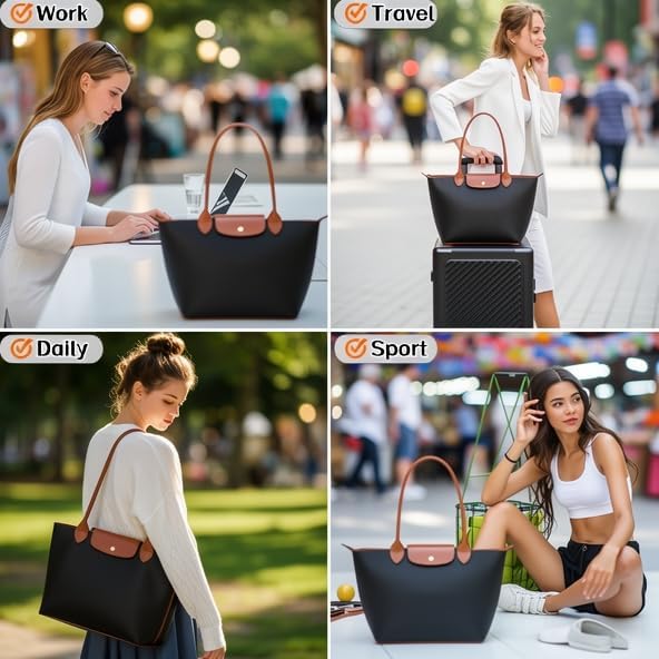Women's Nylon Tote Bag, Large Capacity Waterproof Shoulder Bags, Spacious Handbag with Metal Zipper & Compartments