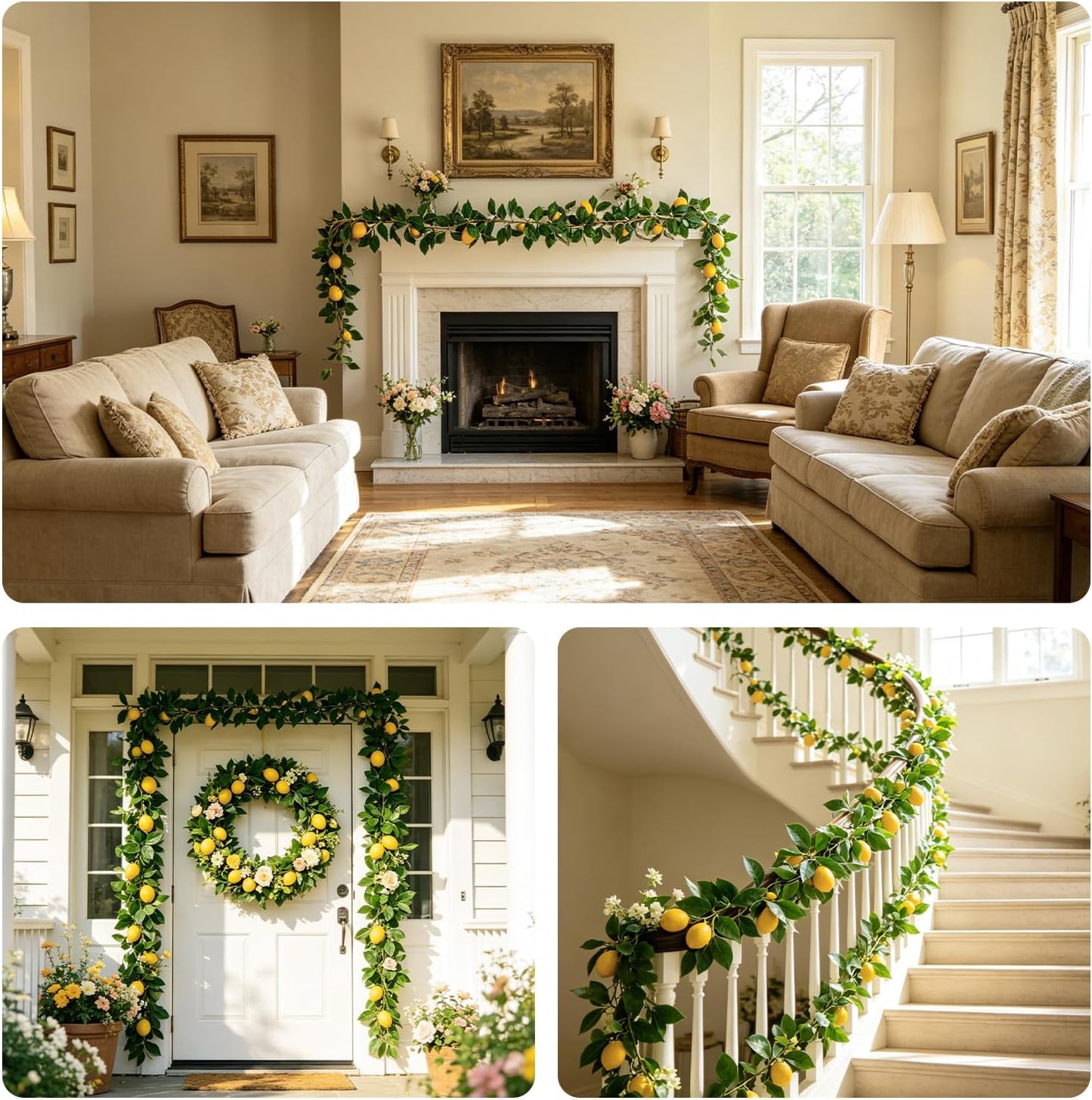2Pcs Artificial Lemon Vine Garland with Fruits, 12FT Lifelike Yellow Lemon Vines, Faux Greenery for Wedding Home Wall Decor, Indoor Outdoor Hanging Kitchen Bathroom Party DIY