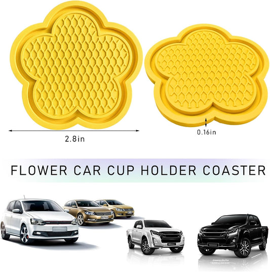 2 PCS Car Cup Coasters, Cute Flower Shaped Car Cup Holder Mat, PVC Waterproof Anti Slip Vehicle Cup Holder Insert Coaster, Universal Car Interior Decor Accessories (Yellow)