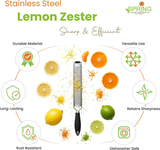 Stainless Steel Lemon Zester Grater with Handle - Garlic, Cheese, Parmesan, Nutmeg, Lime, Ginger Grater - Heavy Duty Kitchen Tool - Citrus Zester with Blade Cover - Fine Shred - Black