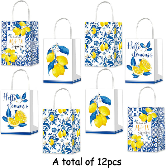 12Pcs Capri Lemon Themed Gift Bags Blue Tiles Yellow Lemon Treat Bags with Handles for Amalfi Coast Party, Birthday, Summer Fruit Themed Party Favors, Capri Lemon Baby Shower Supplies