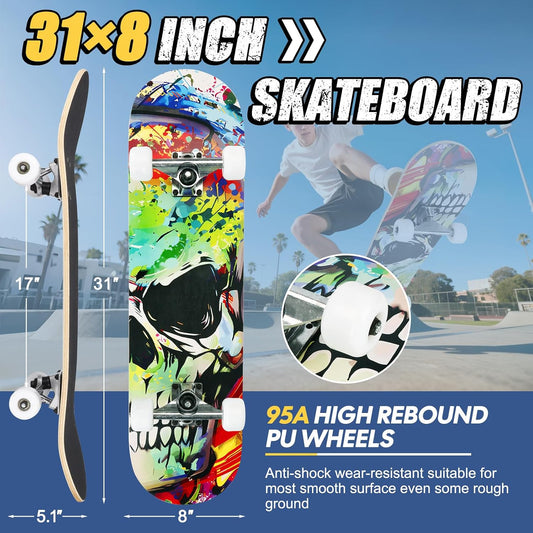Skateboards for Beginners Adults Youths Teens Kids Girls Boys 31 Inch Pro Complete Skate Boards 7 Layer Canadian Maple Double Kick Concave Longboards