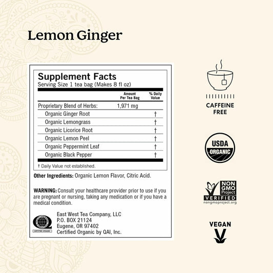 Tea Lemon Ginger - 16 Bags per Pack (4 Packs) - Organic Ginger Root Tea to Support Healthy Digestion - Includes Lemongrass, Lemon Flavor, Licorice Root, Lemon Peel & More