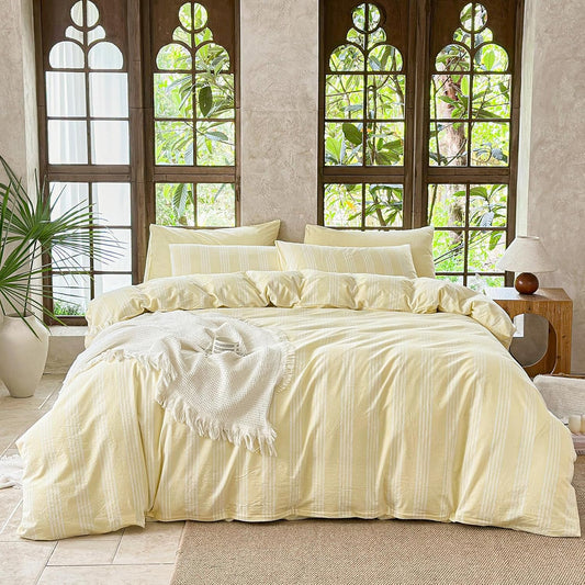 Yellow Striped Duvet Cover Set 100% Washed Cotton Linen Like Super Soft Chic 3 Pieces Bedding Set(Light Yellow/White,Full)