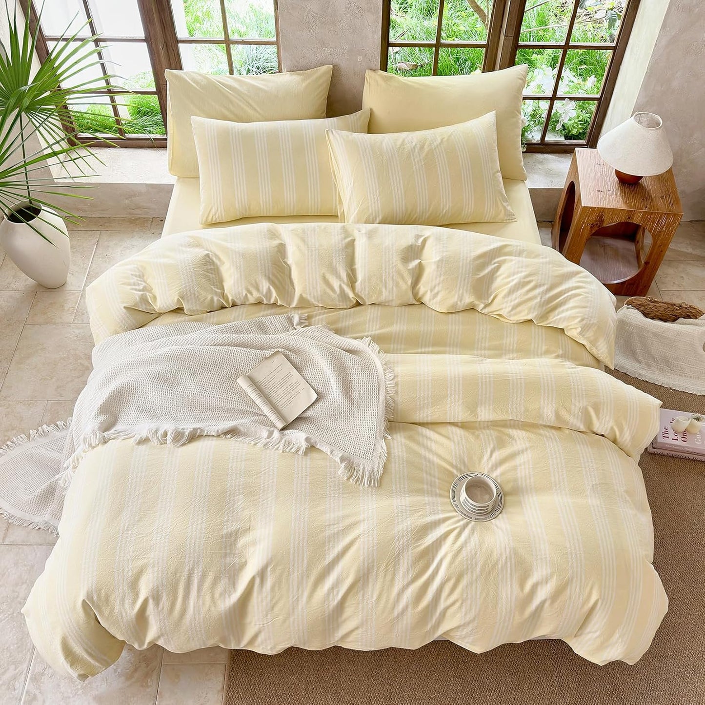 Yellow Striped Duvet Cover Set 100% Washed Cotton Linen Like Super Soft Chic 3 Pieces Bedding Set(Light Yellow/White,Full)